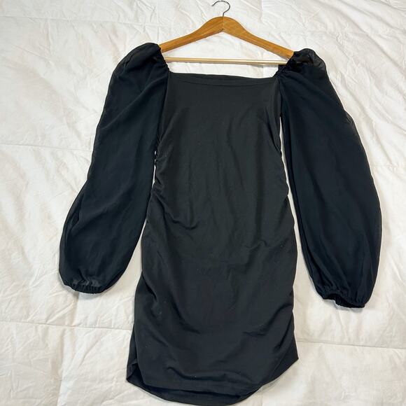SHEIN Black Square Neck Bodycon Mini Dress Size Small Long Sheer Puff Sleeve - Picture 7 of 8